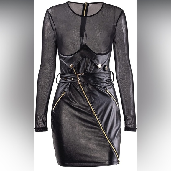 Elegant Black Faux Leather Mini Dress - Picture 2 of 8